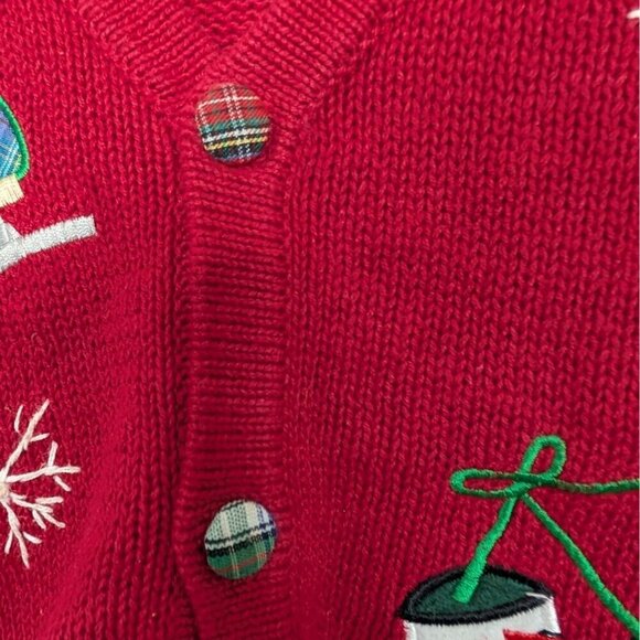 Vintage Ice Skating Cardigan Womens Size Small Red Snowflakes Winter Plaid - Picture 3 of 11